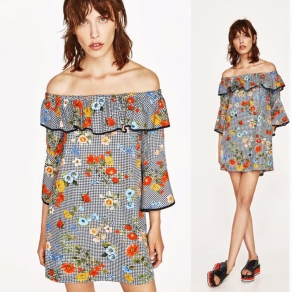 Zara floral sz M gingham off-shoulder mini dress black white floral cottagecore